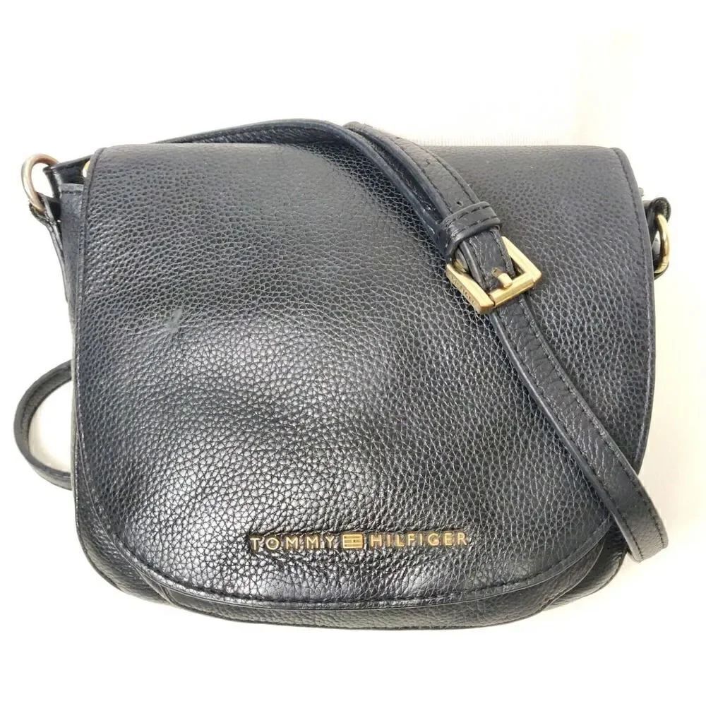 VTG TOMMY HILFIGER BLUE GENUINE LEATHER MESSENGER SHOULDER BAG X-BODY HANDBAG